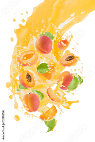 Flow of peach juice with peach pieces, green leaves, drops, splashes levitate on white background, isolated. Healthy fruits, beverage for advertising, label product, branding, flyer, poster, design.