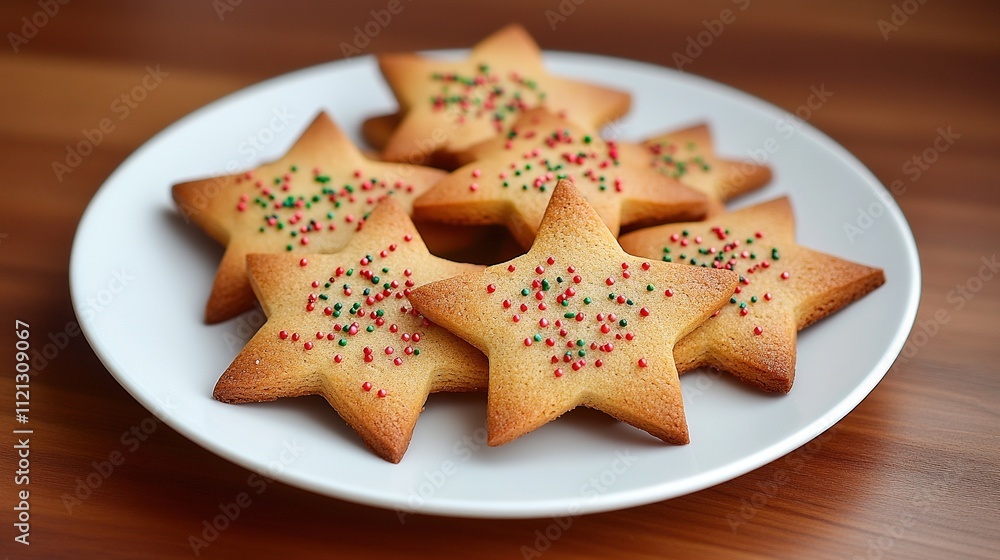 Delicious and festive Christmas star shape cookies on a white plate with red and green sprinkles Delicious and festive Christmas star shape cookies on a white plate with red and green sprinkles
