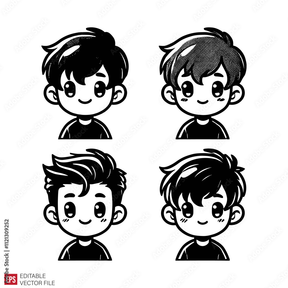 cute boy cartoon Silhouettes Black and White Illustration Designs on White Background cute boy cartoon Silhouettes Black and White Illustration Designs on White Background
