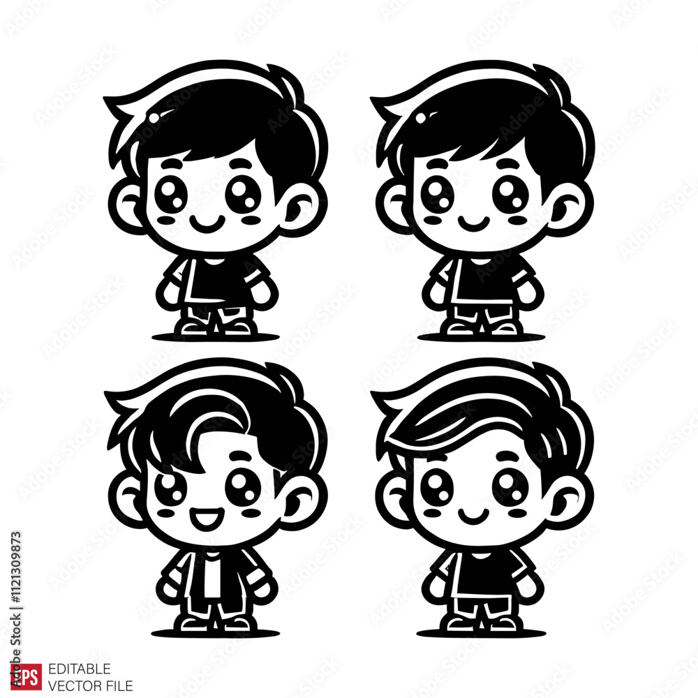 cute boy cartoon Silhouettes Black and White Illustration Designs on White Background
