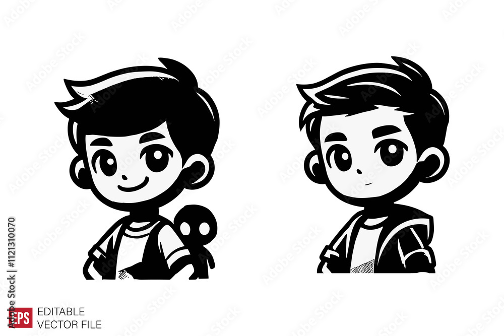 cute boy cartoon Silhouettes Black and White Illustration Designs on White Background cute boy cartoon Silhouettes Black and White Illustration Designs on White Background