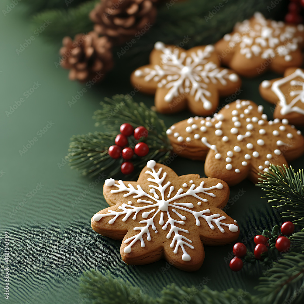 Festive Close-Up of Delicious Holiday Gingerbread Cookies Decorated with Icing Surrounded by Pine Branches and Berries, Perfect for Winter Celebrations Festive Close-Up of Delicious Holiday Gingerbread Cookies Decorated with Icing Surrounded by Pine Branches and Berries, Perfect for Winter Celebrations