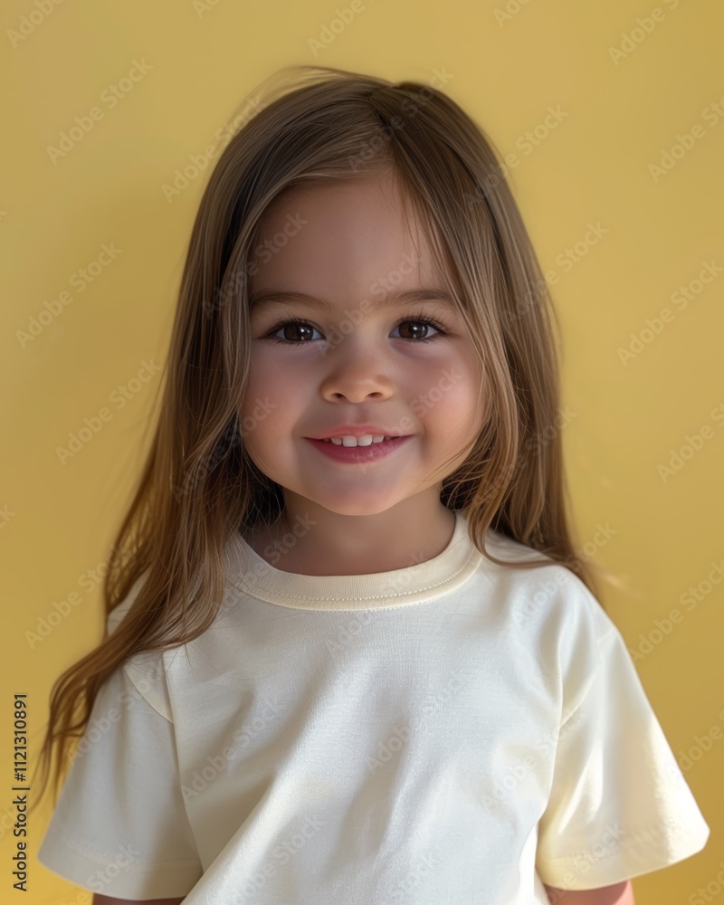 Studio portrait of toddler girl in plain white t shirt against bright yellow background Studio portrait of toddler girl in plain white t shirt against bright yellow background