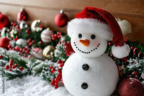 Snowman wearing Santa hat surrounded by festive decorations during winter