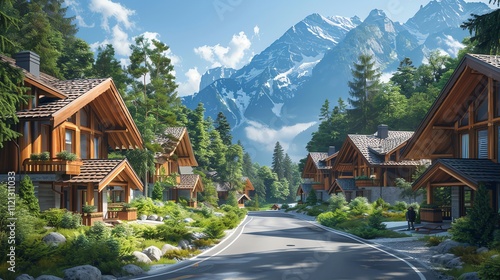 Mountain village road with wooden chalets.