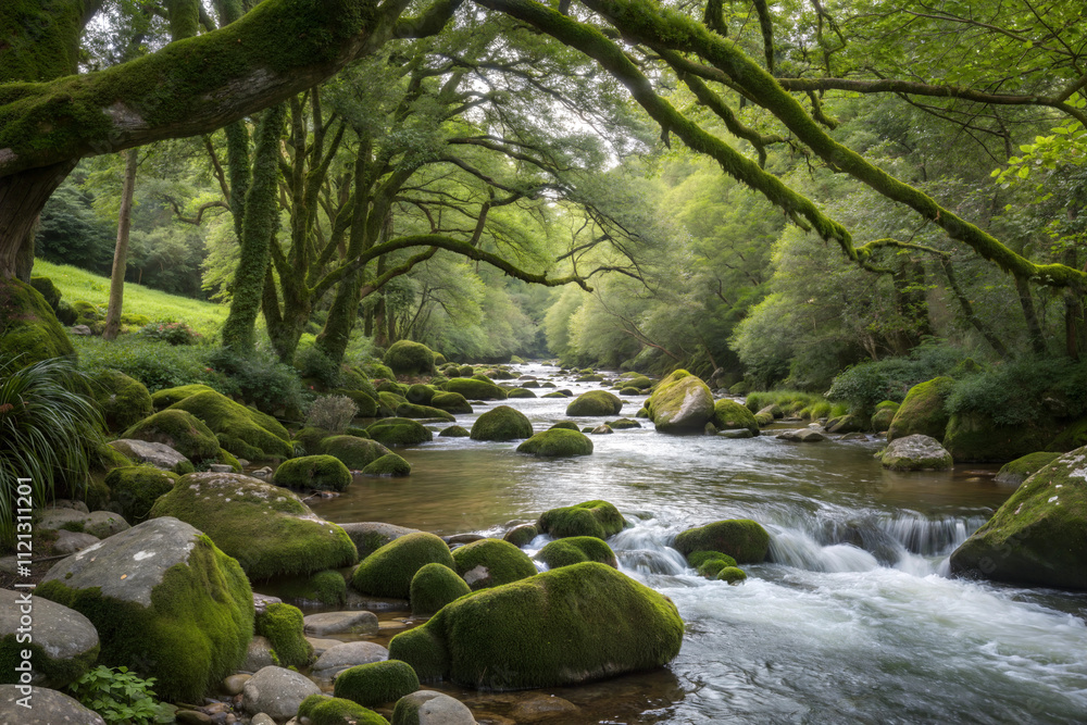 Fototapeta premium Flowing River with Mossy Stones and Overhanging Trees