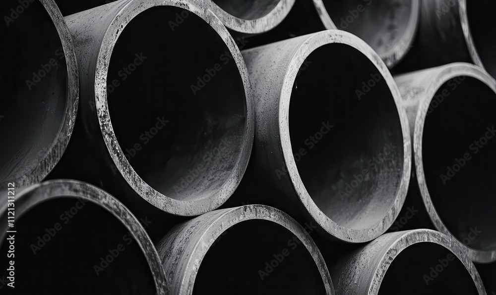 Black and White Industrial Steel Pipes Arranged in Patterned Layers Black and White Industrial Steel Pipes Arranged in Patterned Layers