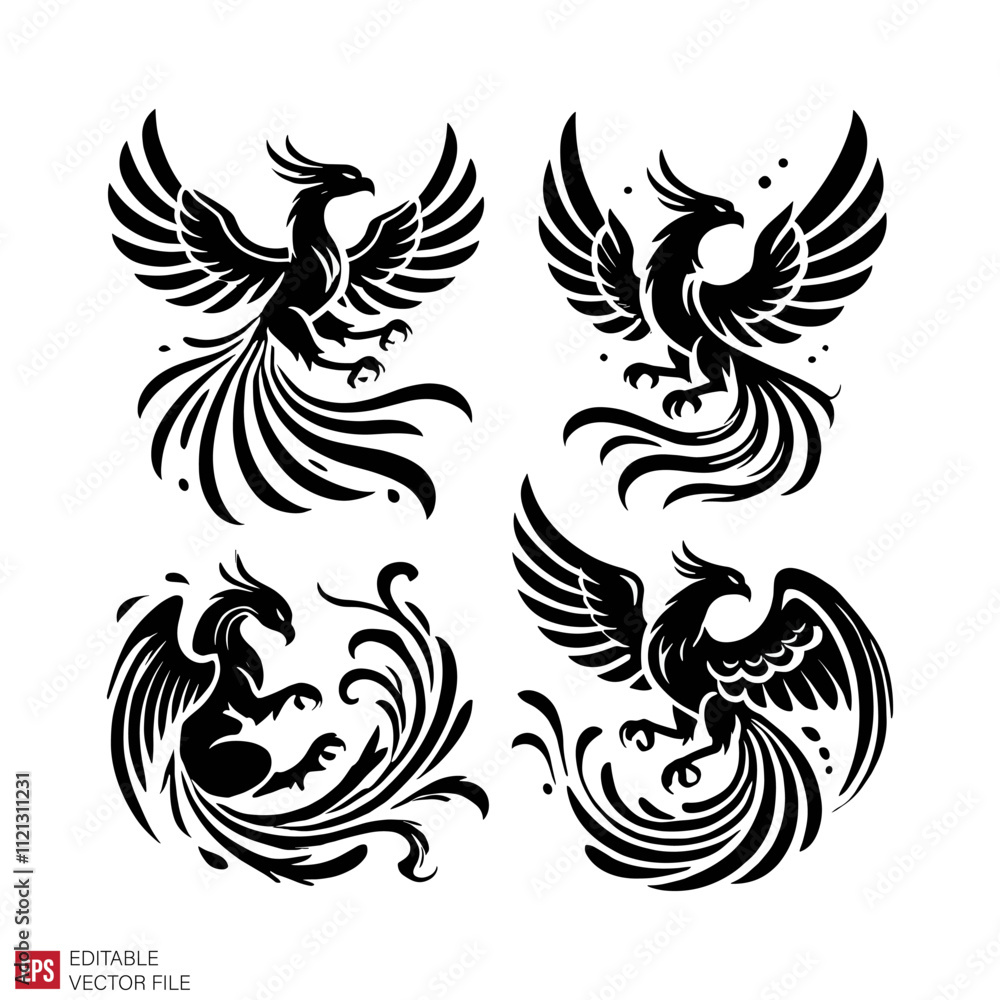Obraz premium set of various phoenix tattoo Silhouettes Black and White Illustration Designs on White Background
