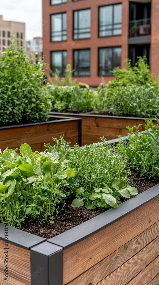 Urban rooftop garden filled with fresh herbs and leafy greens, thriving in planters Urban rooftop garden filled with fresh herbs and leafy greens, thriving in planters