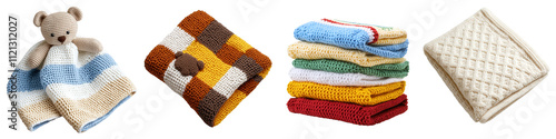 Soft baby blankets in various colors and patterns for comfort and warmth, isolated on transparent background.