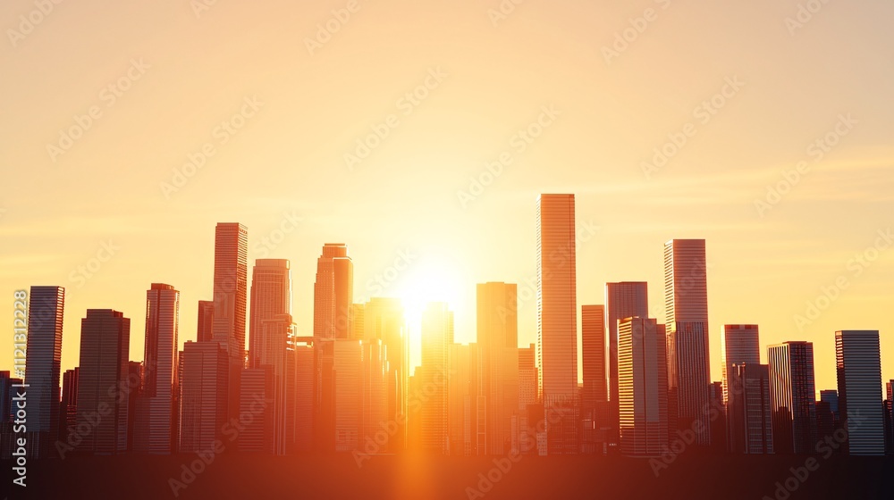 Obraz premium City skyline at sunset with sun rays illuminating tall buildings.