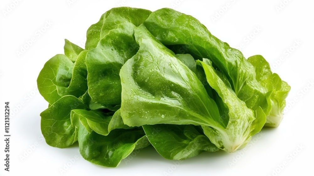 Fresh Green Lettuce Leaves with Water Droplets on White Background Fresh Green Lettuce Leaves with Water Droplets on White Background