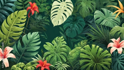 Nature background. Tropical green leaves, exotic plants, flowers, botanical border, floral banner, card design