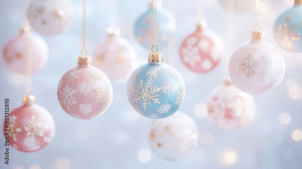 Pastel Christmas baubles with snowflake designs hanging against a bokeh background. Pastel Christmas baubles with snowflake designs hanging against a bokeh background.