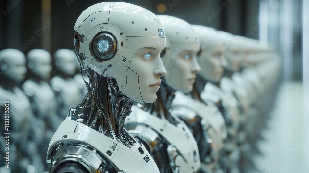 A row of robots with blue eyes stand in a line A row of robots with blue eyes stand in a line
