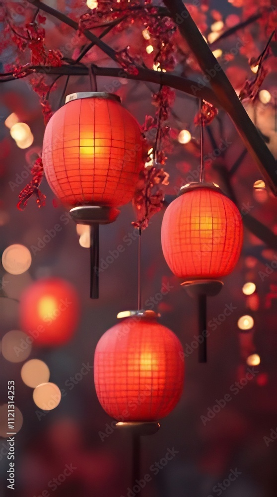 Three red lanterns illuminated hang from a tree branch at night. Three red lanterns illuminated hang from a tree branch at night.