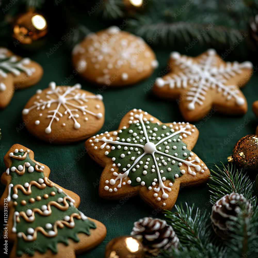 Festive Holiday Cookies on Green Background with Decorative Icing in Shapes of Stars, Trees, and Snowflakes Surrounded by Christmas Ornaments and Pine Foliage Festive Holiday Cookies on Green Background with Decorative Icing in Shapes of Stars, Trees, and Snowflakes Surrounded by Christmas Ornaments and Pine Foliage