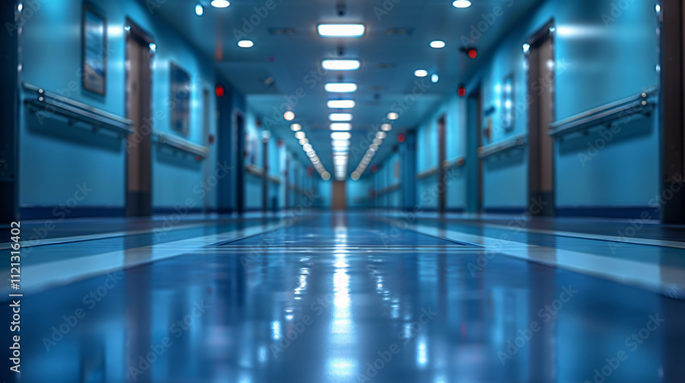 Tranquil Hospital Corridor with Soft Lighting and Polished Floors Tranquil Hospital Corridor with Soft Lighting and Polished Floors