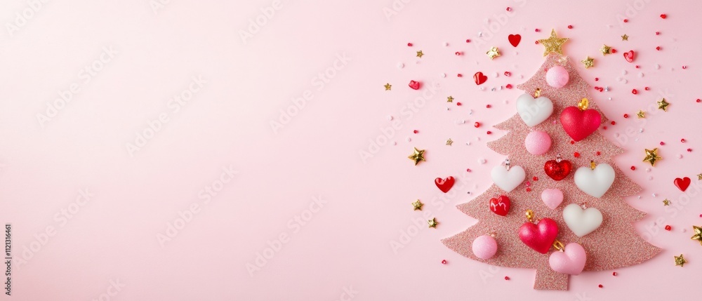 Valentines Day Tree with Heart Baubles and Stars on Pink for Holiday Celebrations and Love Valentines Day Tree with Heart Baubles and Stars on Pink for Holiday Celebrations and Love