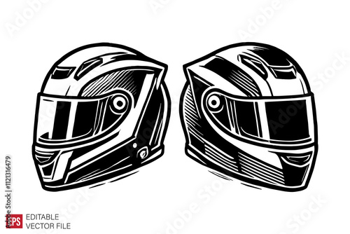 motorcycle helmet Silhouettes Black and White Illustration Designs on White Background