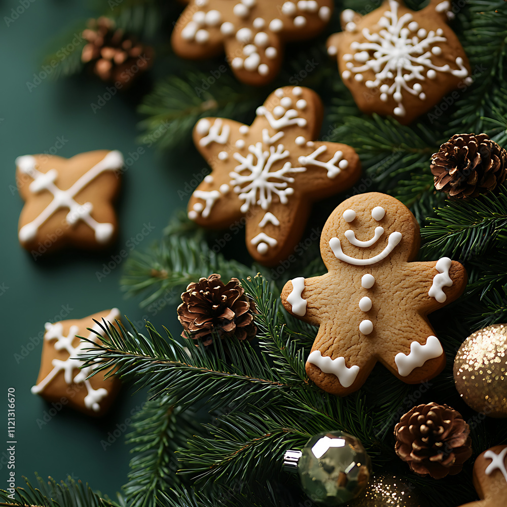 Festive Close-Up of Holiday Gingerbread Cookies Surrounded by Pine Cones, Greenery, and Shiny Ornaments Creating a Warm Celebratory Atmosphere Festive Close-Up of Holiday Gingerbread Cookies Surrounded by Pine Cones, Greenery, and Shiny Ornaments Creating a Warm Celebratory Atmosphere