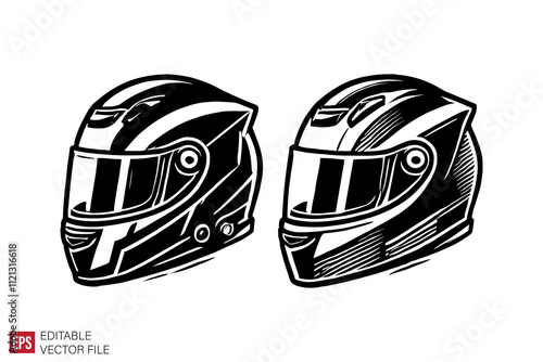 motorcycle helmet Silhouettes Black and White Illustration Designs on White Background
