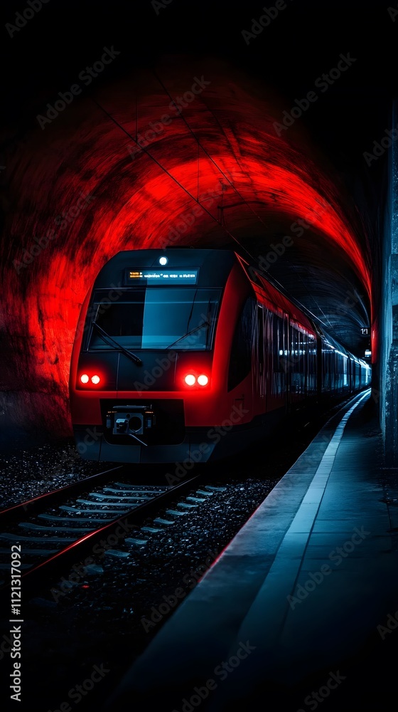 Naklejka premium Red train emerges from a dark tunnel, illuminated by eerie red light.