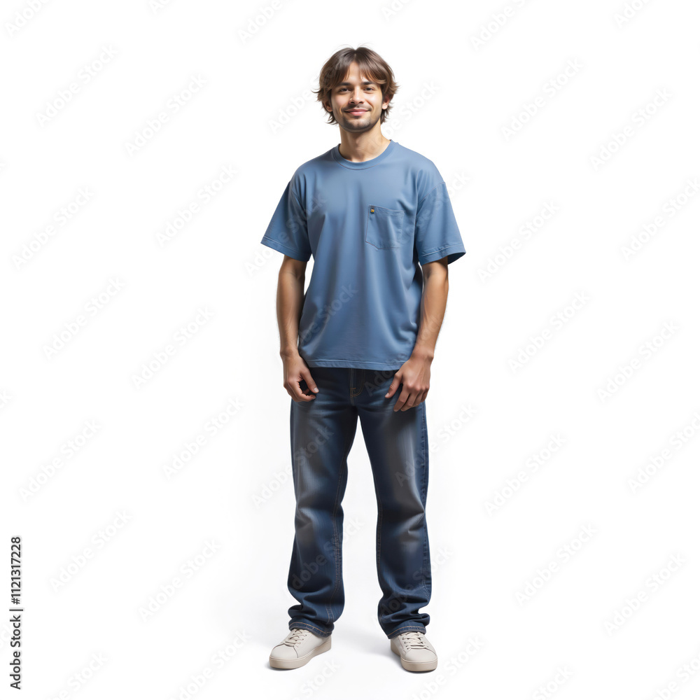 Fototapeta premium Young man with blue t shirt and jeans is standing and smiling