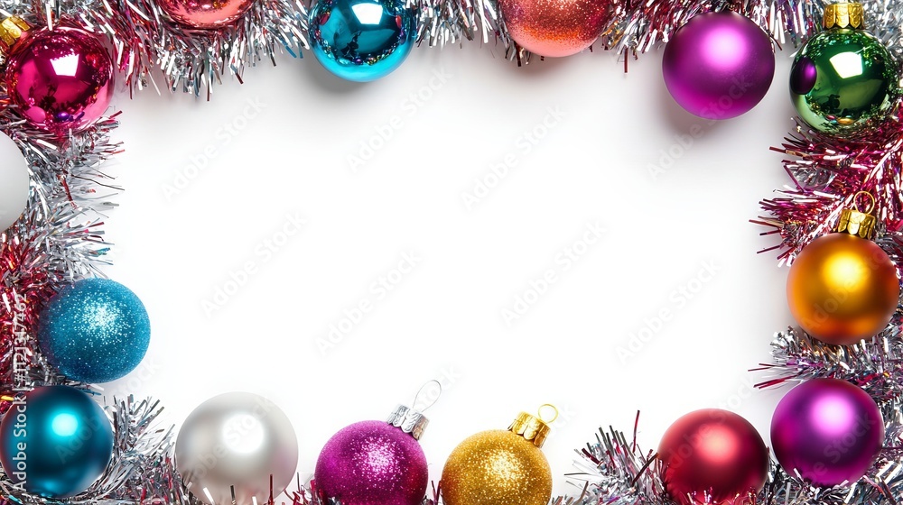 Vibrant Christmas Ornaments Framed with Shiny Tinsel on a Bright White Background Vibrant Christmas Ornaments Framed with Shiny Tinsel on a Bright White Background