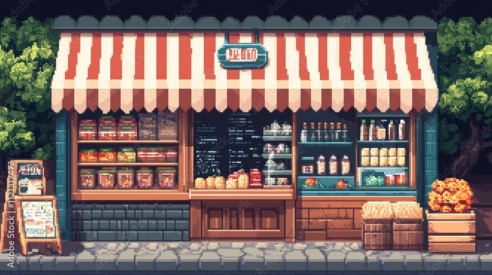 Naklejka premium Vibrant Pixel Art Storefront with Red and Green Patterns in Retro Style