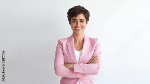 portrait of a professional woman tv news presenter crossed hands smiling with short hair wearing formal pink woman suits  on a white background ai generate