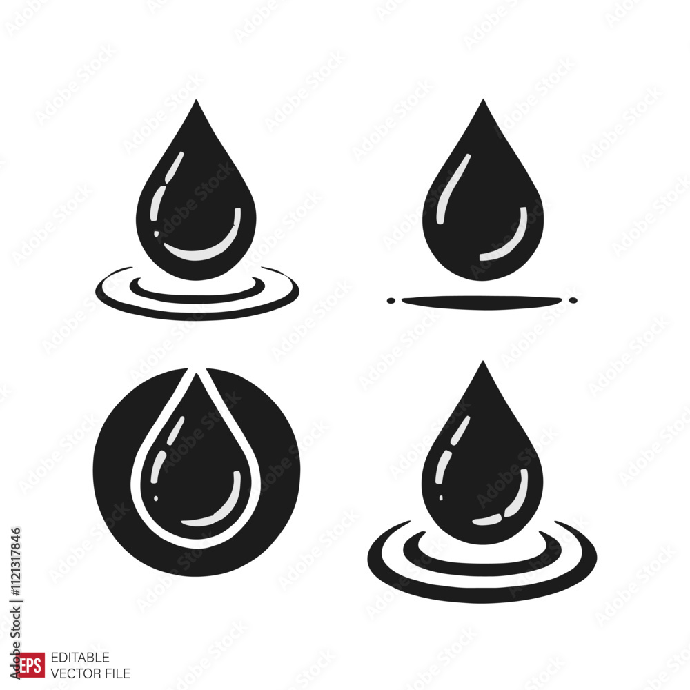 set of various water drop Silhouettes Black and White Illustration Designs on White Background set of various water drop Silhouettes Black and White Illustration Designs on White Background