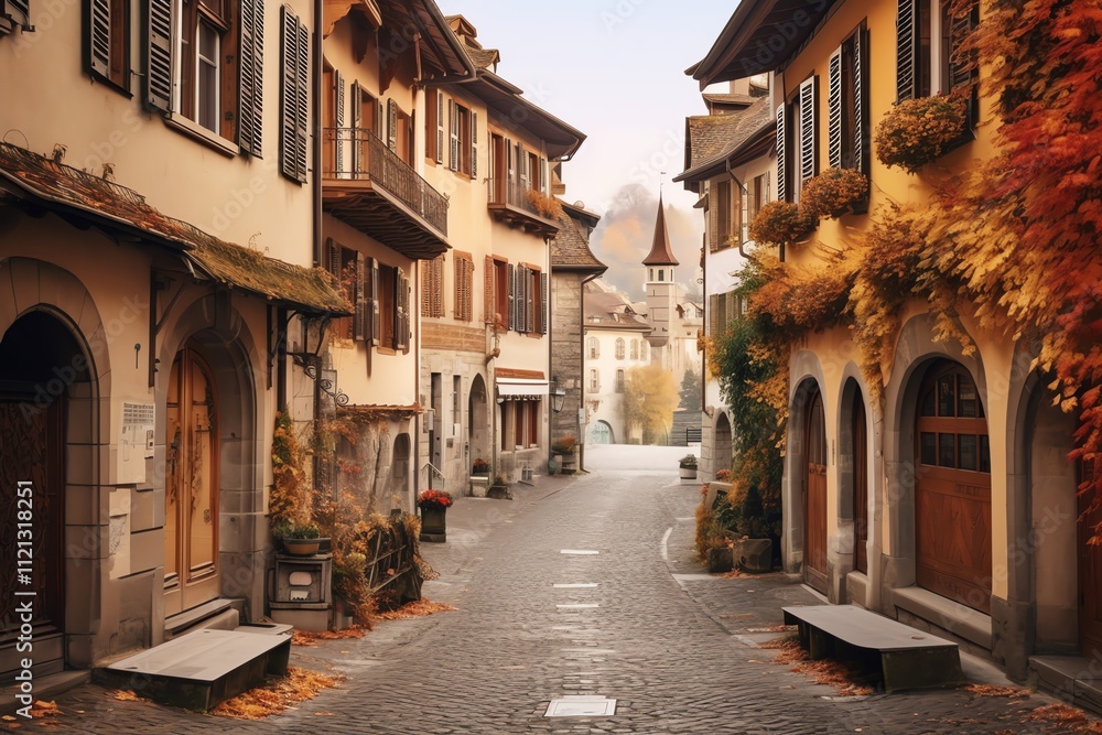 Fototapeta premium Picturesque autumnal cobblestone street in a charming European village.