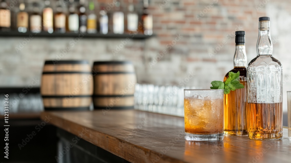 Rustic Bar Counter with Whiskey Bottles and Barrels Celebrating National Repeal Day, Halloween, Thanksgiving Rustic Bar Counter with Whiskey Bottles and Barrels Celebrating National Repeal Day, Halloween, Thanksgiving