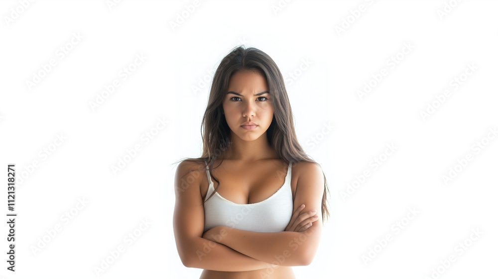 a potrait of a latina woman upset distrubed gesture facial expression with crossed arms hands on white background AI Generate a potrait of a latina woman upset distrubed gesture facial expression with crossed arms hands on white background AI Generate