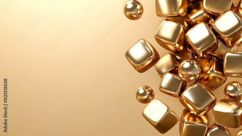 Floating Metallic Cubes and Spheres in Golden Hue with 3D Effect for Creative Design Projects Floating Metallic Cubes and Spheres in Golden Hue with 3D Effect for Creative Design Projects