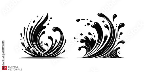 set of water splash Silhouettes Black and White Illustration Designs on White Background