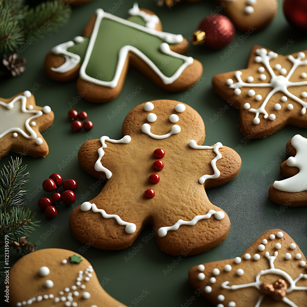 Festive Close-Up of Handcrafted Holiday Gingerbread Cookies with Icing and Decorations for a Cheerful Seasonal Celebration Festive Close-Up of Handcrafted Holiday Gingerbread Cookies with Icing and Decorations for a Cheerful Seasonal Celebration
