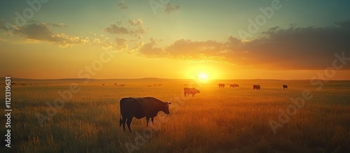 Silhouette of cows in a field at sunset.