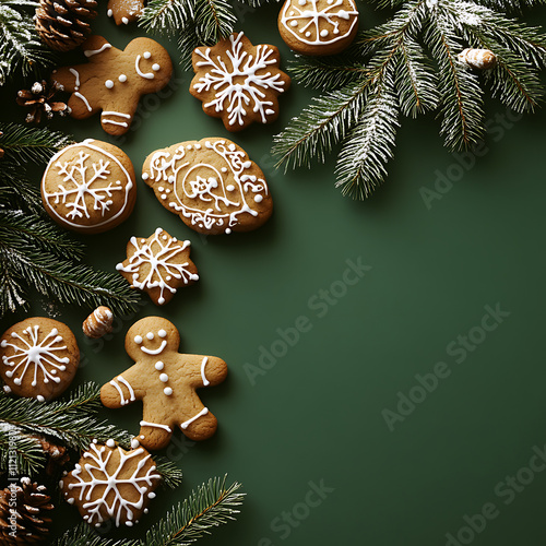 Festive Gingerbread Cookies and Holiday Decorations on Green Background for Celebrate the Joy and Warmth of the Holiday Season with Delicious Treats and Nature's Touch