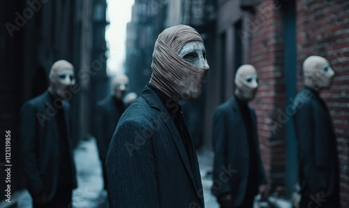 Eerie Scene of Masked Figures in Dark Urban Alleyway with Blue and Gray Tones