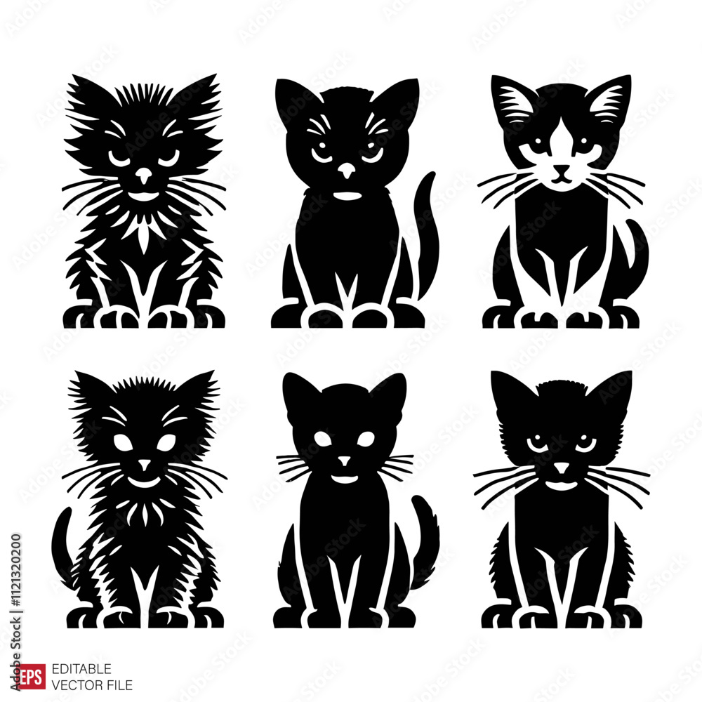 set of kittens cat Silhouettes Black and White Illustration Designs on White Background set of kittens cat Silhouettes Black and White Illustration Designs on White Background