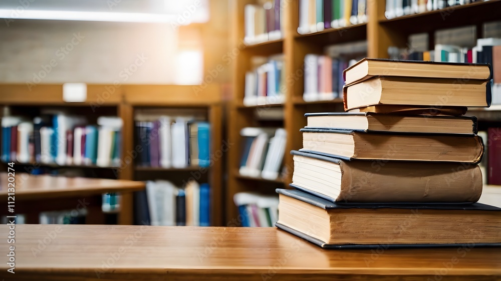 stack of books against the background of library, stack of books in front of library, books on wooden table stack of books against the background of library, stack of books in front of library, books on wooden table