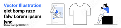 Smartphone screen displaying a design, blank t-shirt and woman reading on block. Ideal for digital media, e-commerce, minimalism, fashion, technology, content and lifestyle. Landing page