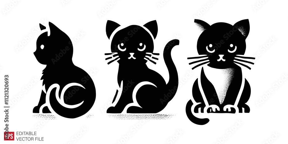 set of kittens cat Silhouettes Black and White Illustration Designs on White Background set of kittens cat Silhouettes Black and White Illustration Designs on White Background