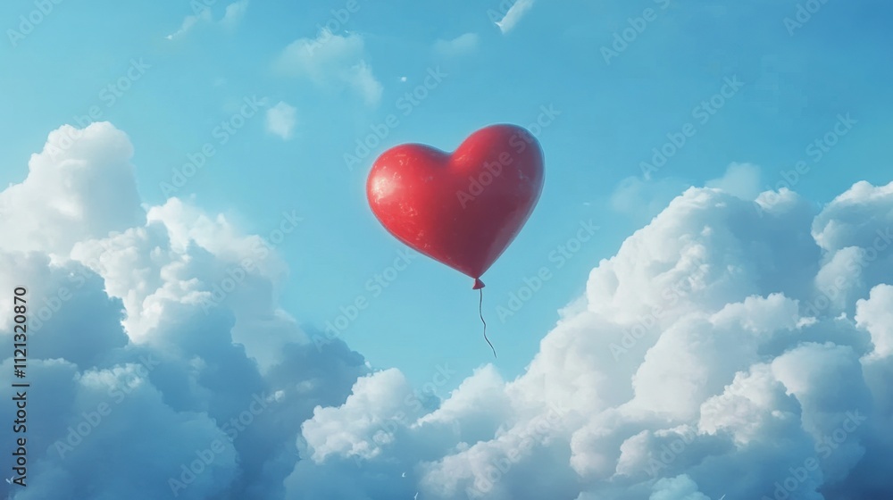 A heart-shaped balloon rises into a dreamy blue sky, its bright red color standing out against fluffy white clouds A heart-shaped balloon rises into a dreamy blue sky, its bright red color standing out against fluffy white clouds