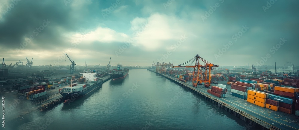 A wide angle shot of a busy port with cargo ships, containers, cranes, and overcast skies. A wide angle shot of a busy port with cargo ships, containers, cranes, and overcast skies.