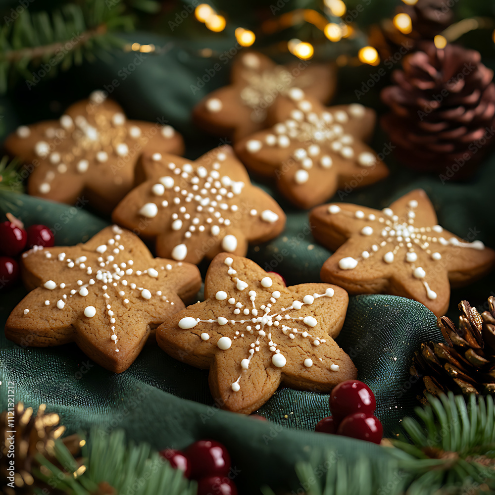 Festive Close-Up of Freshly Baked Gingerbread Cookies Decorated with Icing and Surrounded by Pine Cones and Holiday Greens, Perfect for Celebrating the Cheerful Season Festive Close-Up of Freshly Baked Gingerbread Cookies Decorated with Icing and Surrounded by Pine Cones and Holiday Greens, Perfect for Celebrating the Cheerful Season