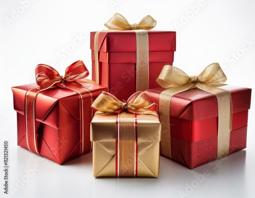 Christmas presents in red and gold wrapping, neatly arranged in a row, isolated on a white background, highlighting their festive charm
