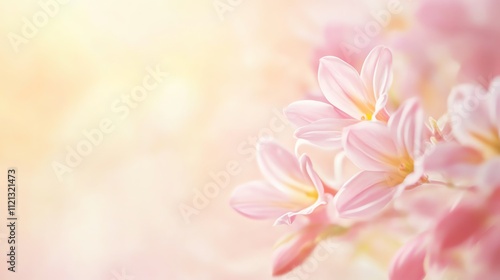 Pink flowers in a field with a warm, sunny background.